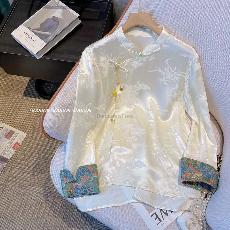 

2024 chinese satin cheongsam shirt spring women disc buckle stand collar national style white jacquard elegant qipao top w360