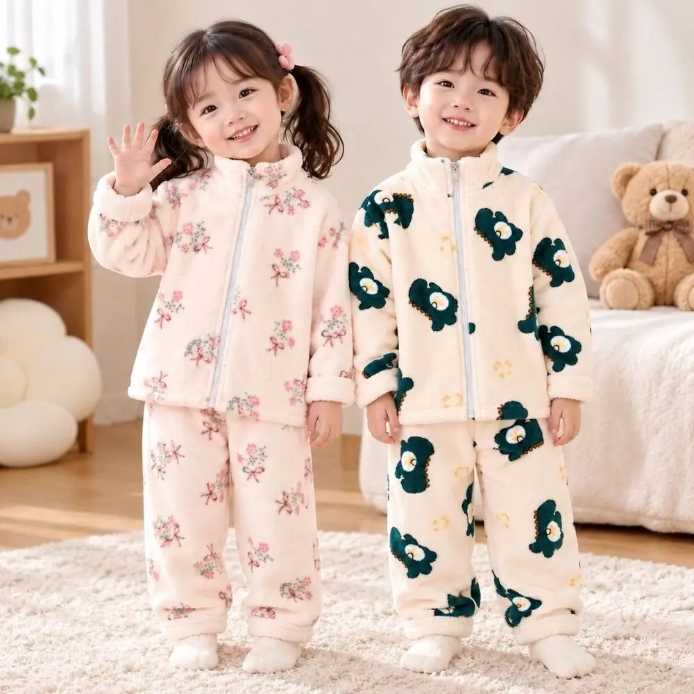 Fashion Floral Print Flannel Pajamas Sets Casual Leopard Print Zipper Pajamas Sets Zipper Coat+Pants Kids Pajamas Sets Winter
