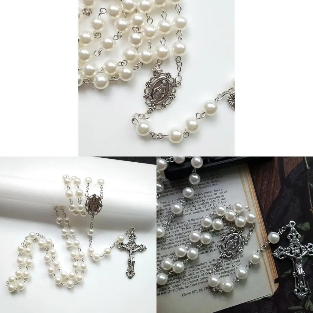 8mm Prayer Beads Rosary Necklace Mary Jesus for Cross Pendant Catholic Necklaces Religious Jewelry Women Charm Gifts