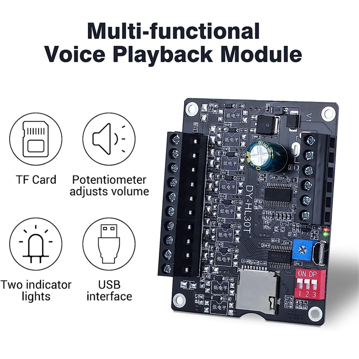 

ABFKL 30W MP3 Voice Playback Module DY-L30T 9 Trigger Music Player Power Amplifier Board TF Card 32G Max WAV DC 12V 24V MP3 B