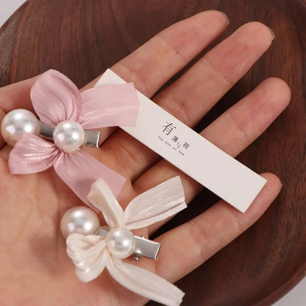 Cute Trendy Bow Pearl Hairpin Y2k Pink Bowknot Hair Clips Korean Style Elegant Bangs Pearl Clips Ladies