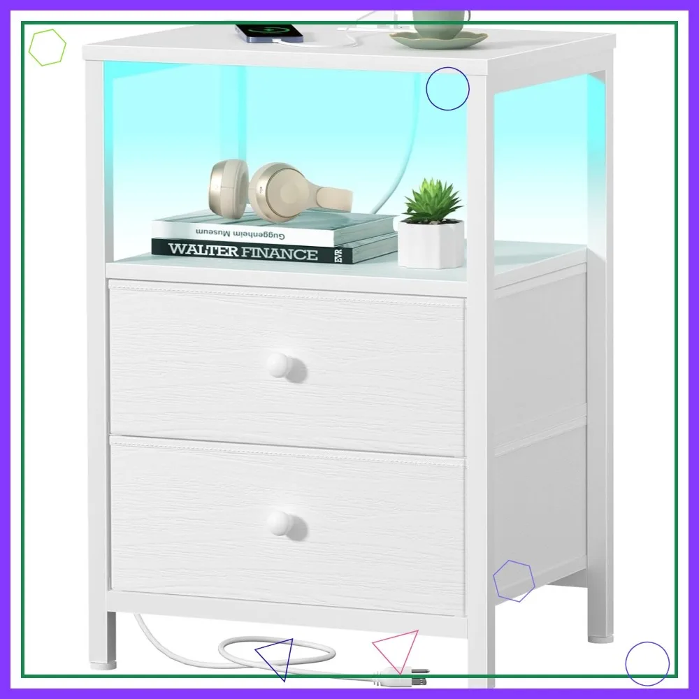 

Современная белая тумбочка с зарядной станцией, светодиодной подсветкой и тканевыми ящиками, USB-портами и розетками для спальни
