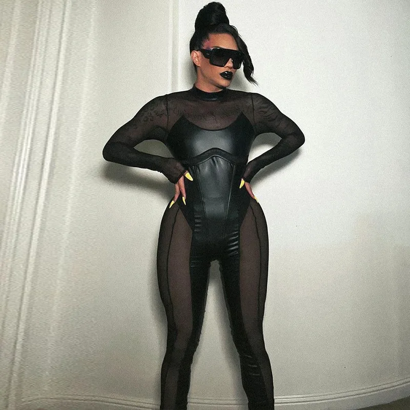 Sexy Black Mesh Jumpsuit Women PU Leather Long Sleeve Back Zipper Bodysuit Latex Catsuit Club Wear Bodysuit Streetwear