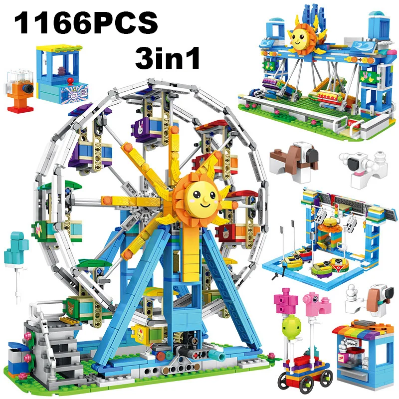 

1166PCS 3 In 1 Rotating Ferris Wheel Building Blocks City Street View Bumper Car Playground Model Bricks Toys For Kids Gifts