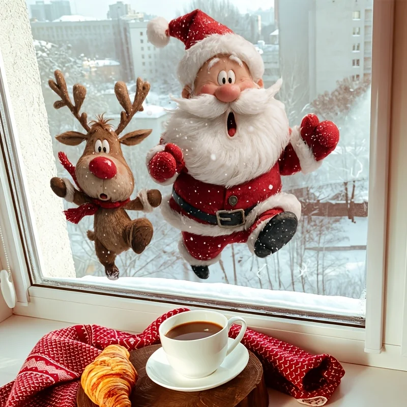 1pc Santa Reindeer Glass Sticker Static Cling Window Sticker Reusable Decal Xmas Winter Christmas Party Window Decorations