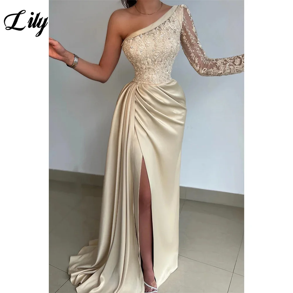 Lily marfim um ombro elegante vestido de noite apliques manga cheia vestidos de baile mancha lado alta divisão formal vestido personalizado