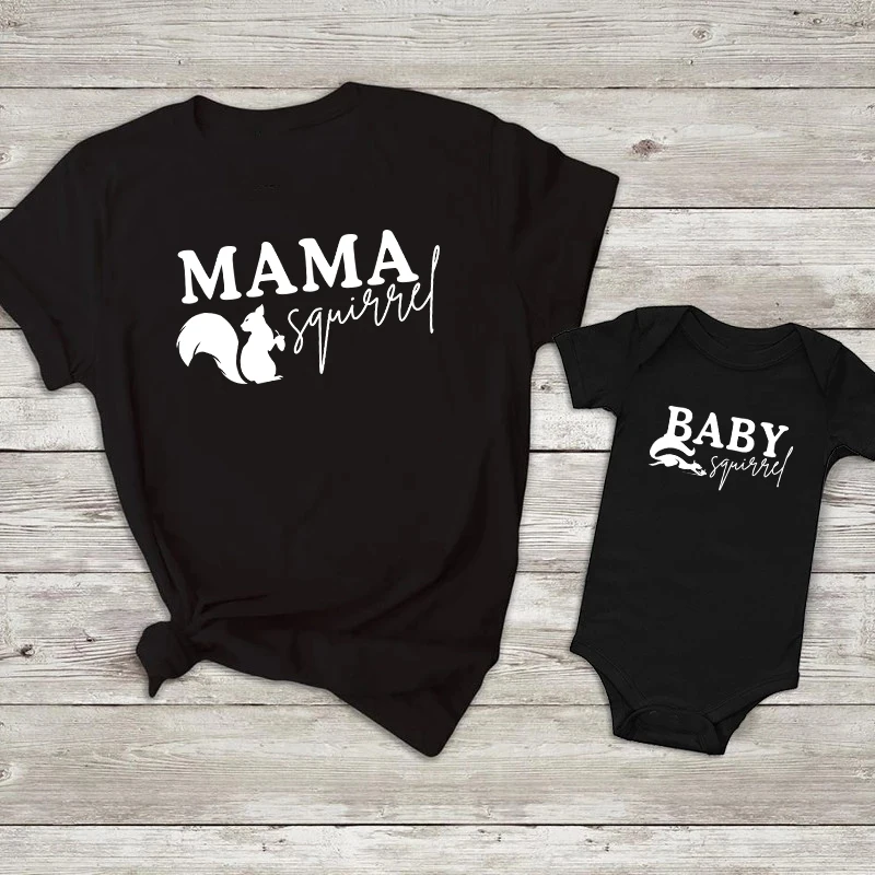 New Papa Mama Baby Squirrel Print Family Shirts Cotton Macthing Dad Mom Kids Tshirt Baby Rompers Funny Family Look Outfits