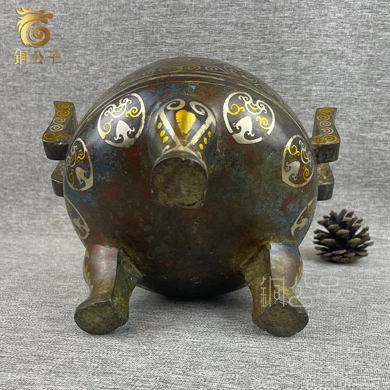 Inlaid Gold and Silver Covered Three-Legged Round Tripod Ornament Copper Craft Collectible Antique Wholesale Display Teaching Ai