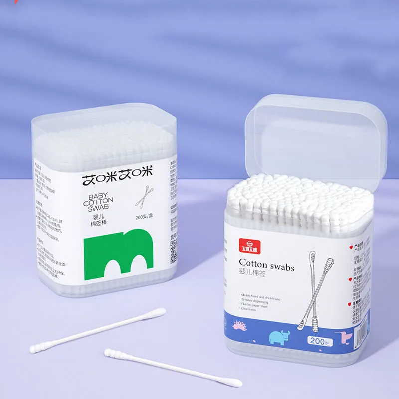 200-wattenstaafjes voor baby's, steriele wattenstaafjes met twee uiteinden, spiraalvormige kop, multifunctionele reinigingsstaafjes voor oor en neus