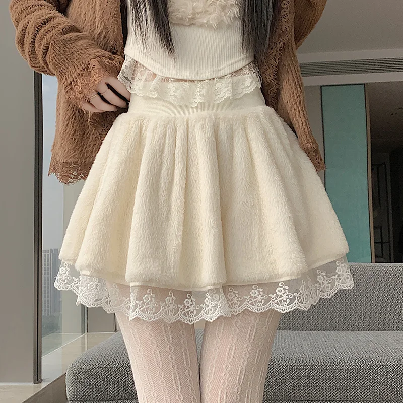 Kawaii Zoete Ruches Rok Vrouwen 2023 Herfst Winter Y2k Harajuku Kant Patchwork Pluche Korte Rok Japanse Mini Faldas Gothic Nieuwe