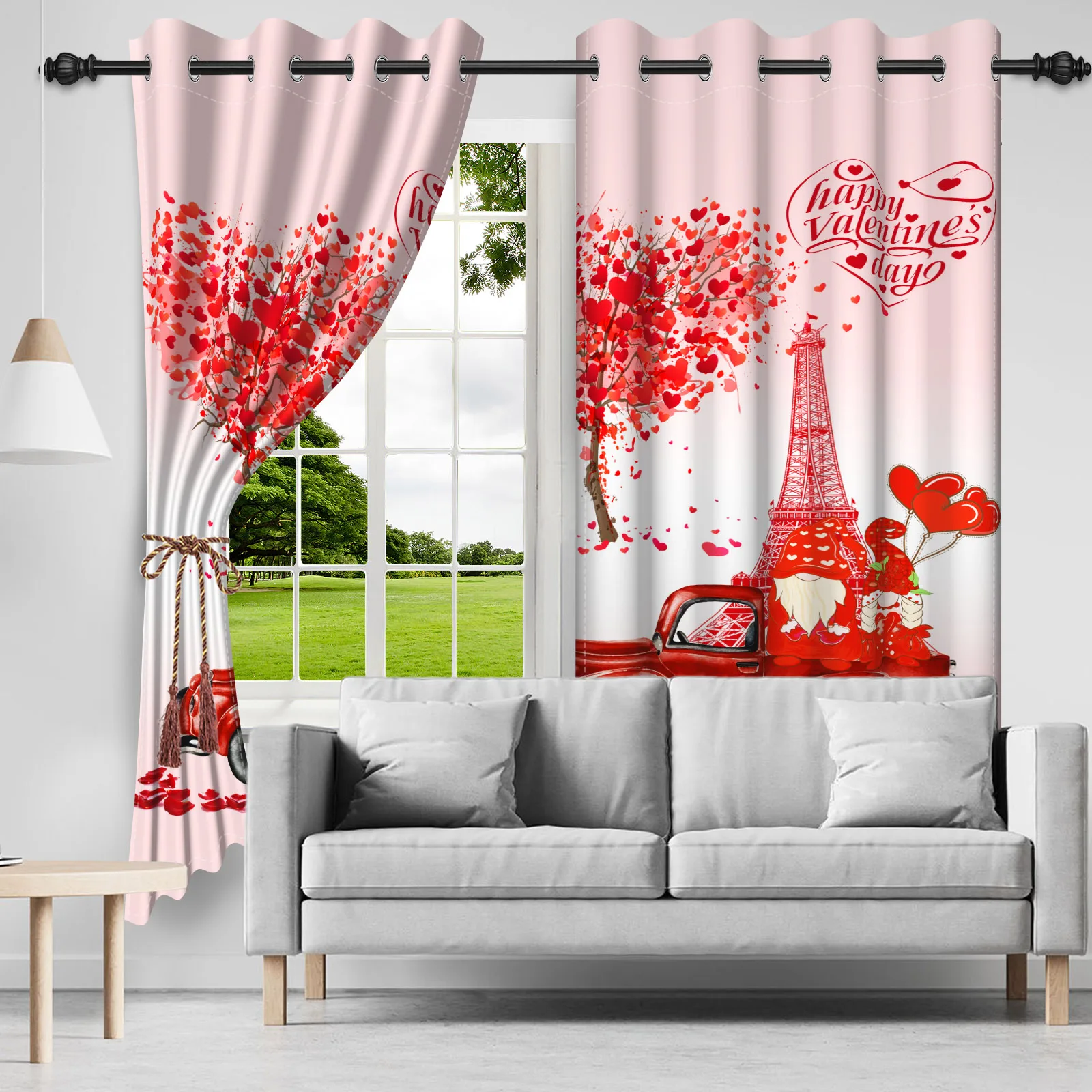 2pcs/set Valentine's Day Window Curtain Fun Dwarf Couple Red Heart Balloon Leaf Bedroom Decor Blackout Polyester Fabric Curtains