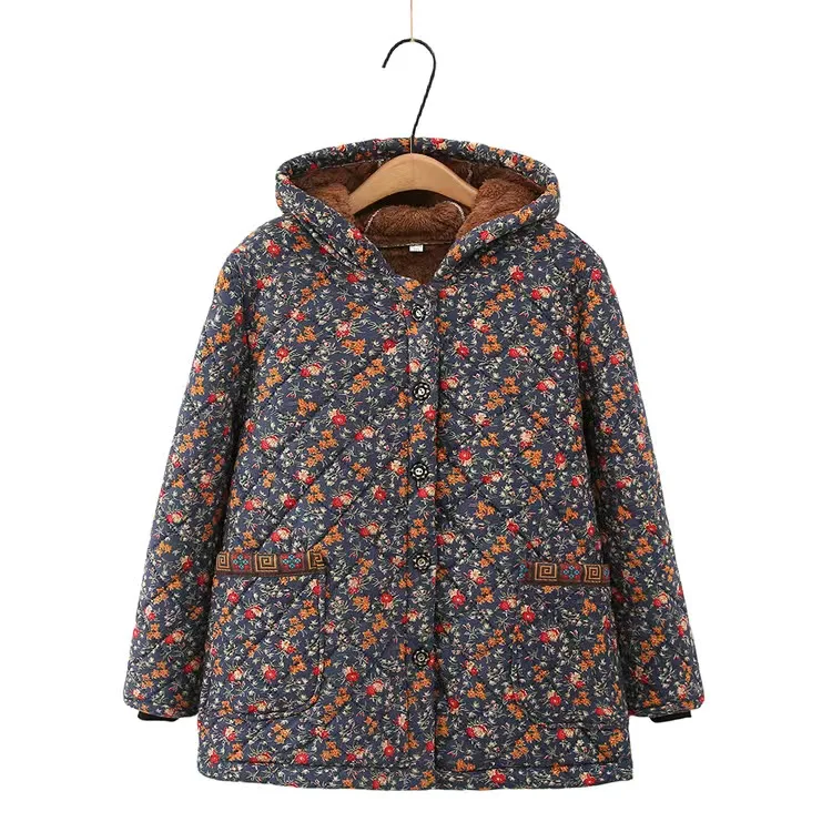 Chaquetas Para Mujeres New Hooded Middle Aged Mother Printed Cotton Jacket Thicken Velvet Warm Parkas Women Winter Coat 2XL-8XL