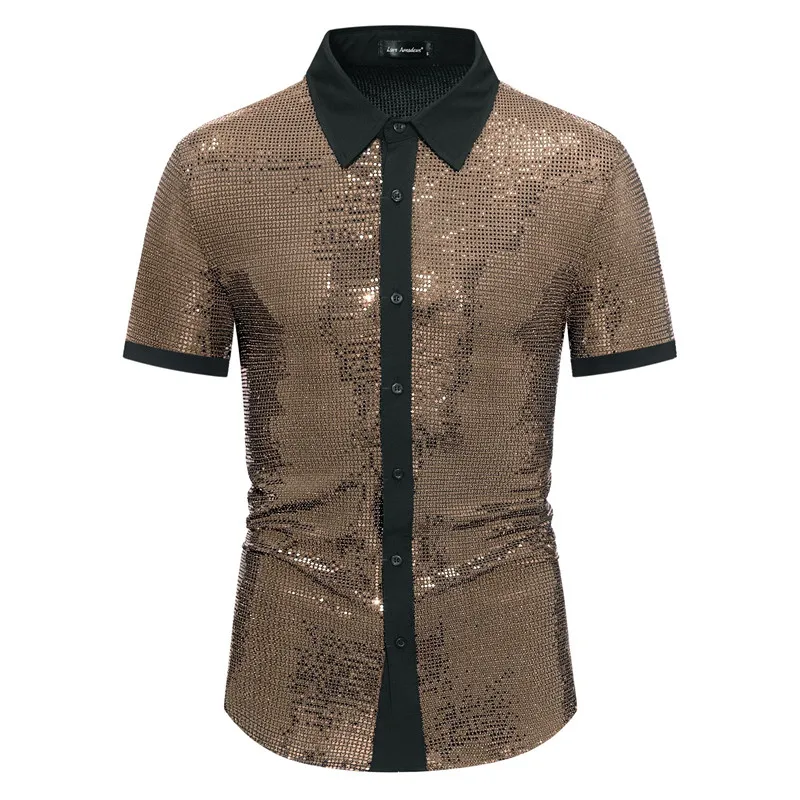 

Fashion Men Bar KTV Stage Party Luxury Dress Shirts Gold / Silver / Red Summer New Male High Street Prom Casual Tops
