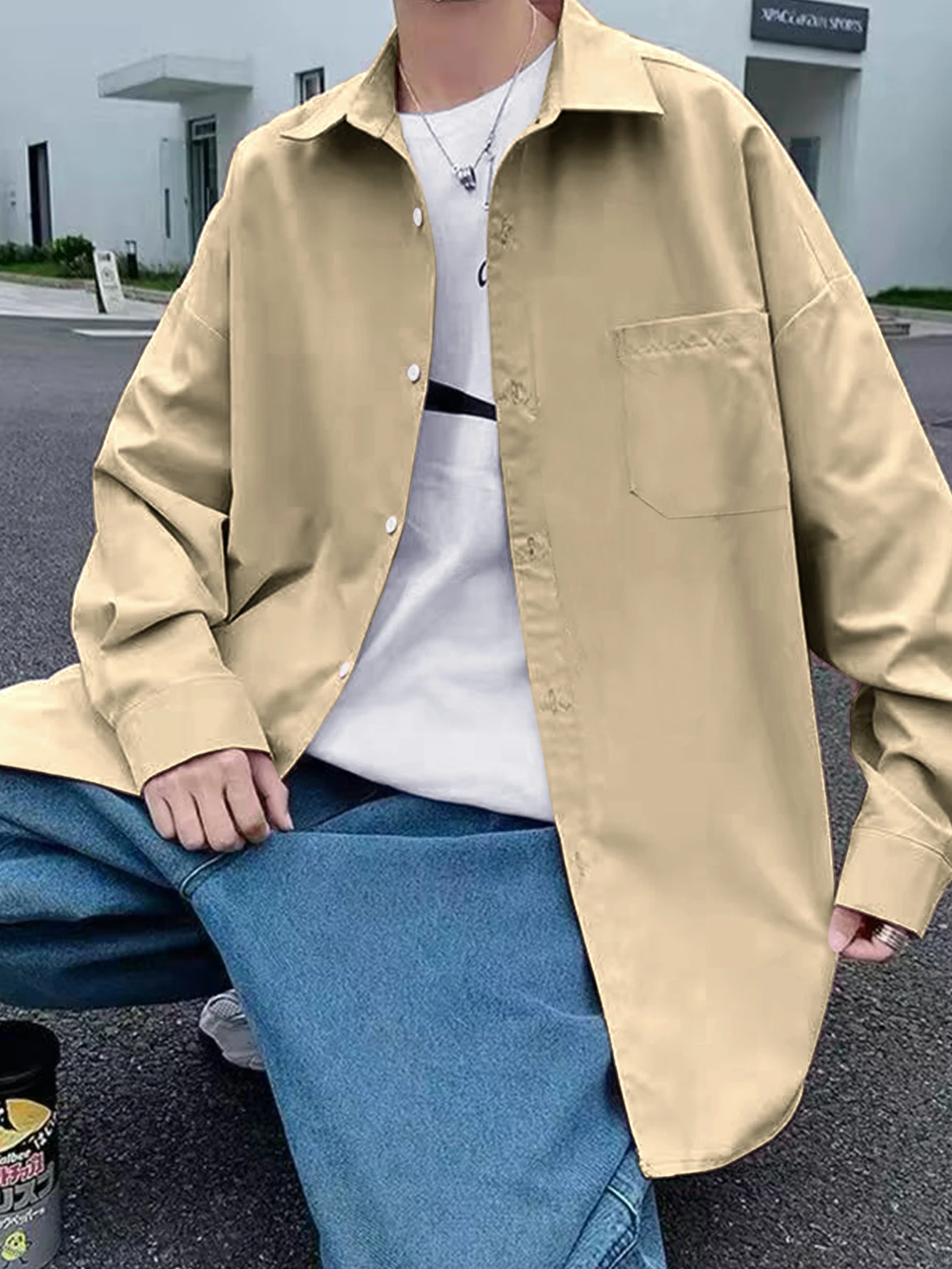 Men Oversized Drop Shoulder Shirt Polyester Elastane Solid Color Lapel Long Sleeve Shirts With Pocket Loose Casual Daily Tops