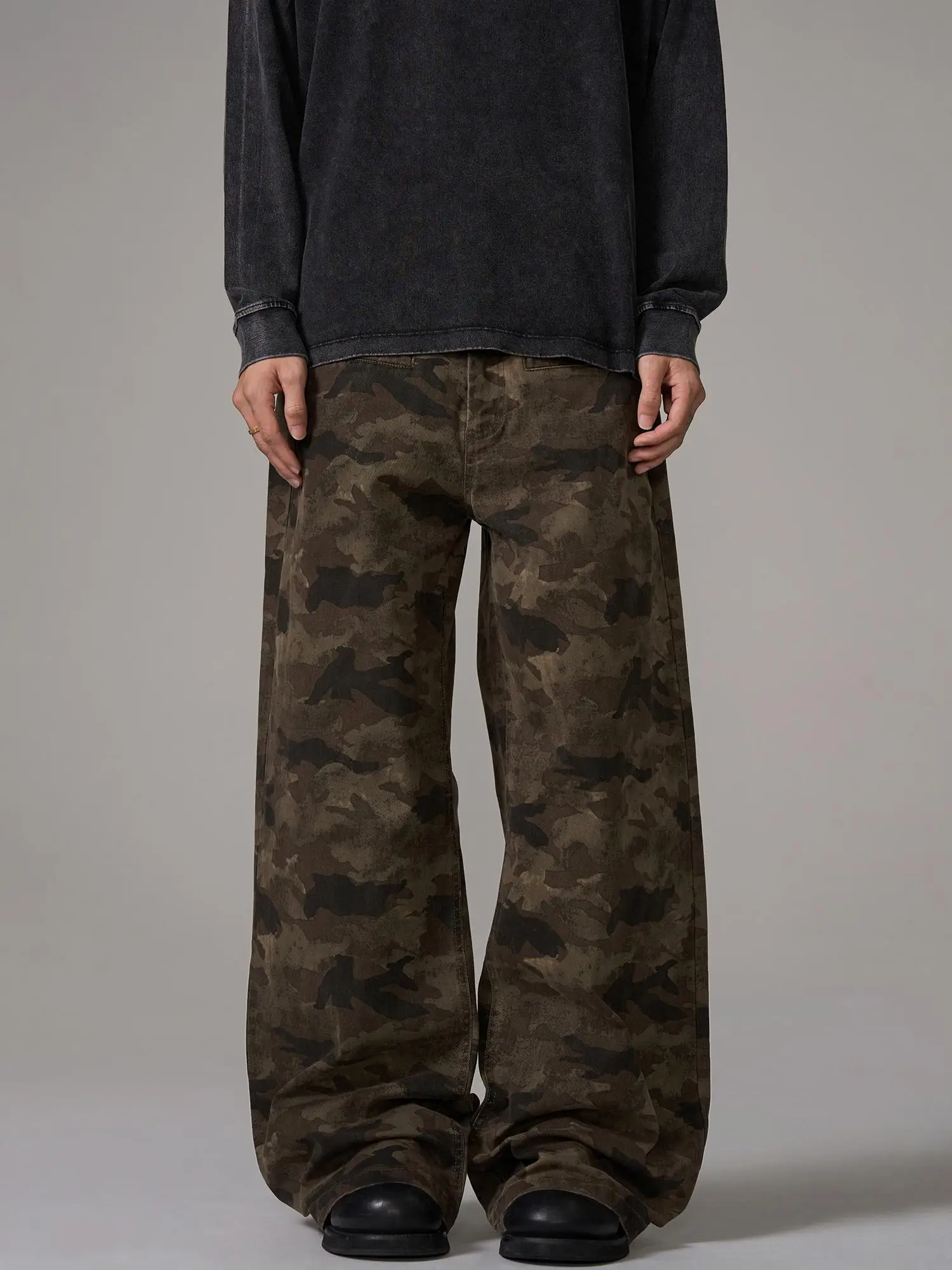 

American High Street Cleanfit Vintage Rusted Desert Sle Camouflage Workwear Jeans Men Loose Straight Leg Wide Leg Pants