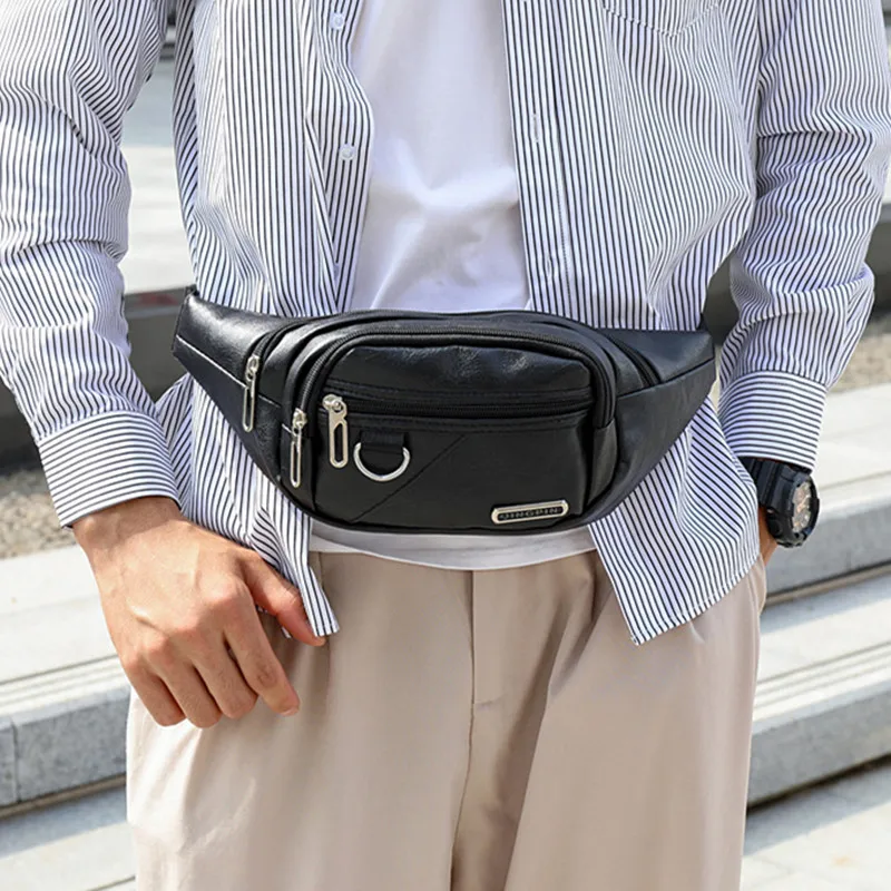 Fashion PU Leather Men\'s Waist Bag Outdoor Chest Bag Large Capacity Male Crossbody Cell Phone Bag Waterproof Fanny Packs