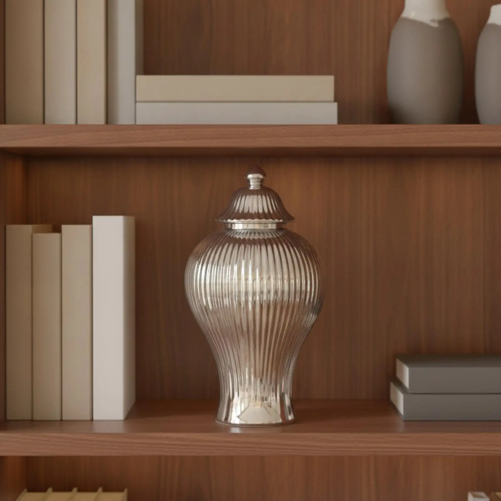 Elegant Ceramic Vase with Lid Fluted Ribbed Body Metal Tone Finish Sophisticated Tabletop Vessel for Faux Florals Living Room