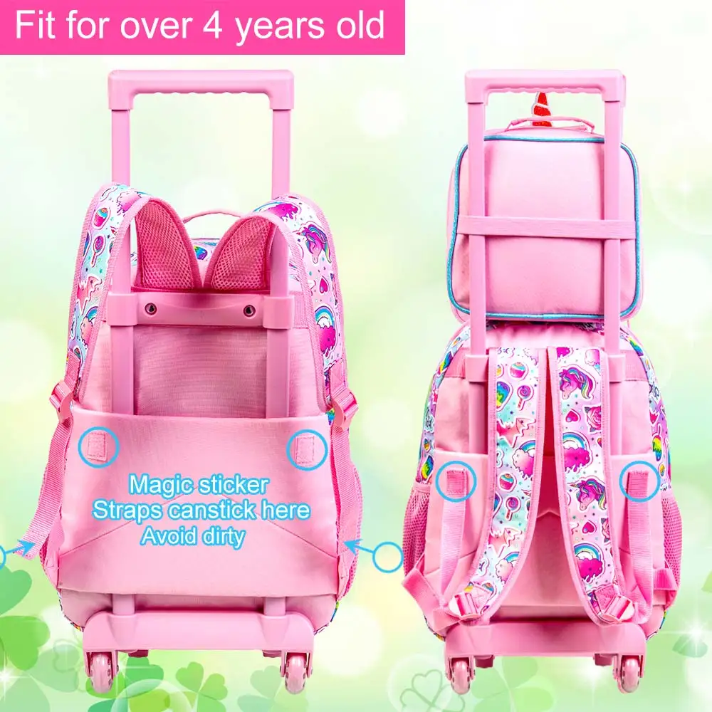 3Pcs Unicorn Rolling Backpack for Girls, Kids School Backpacks with Wheels, Roller Bookbag with Lunch Box for Elementary Prescho