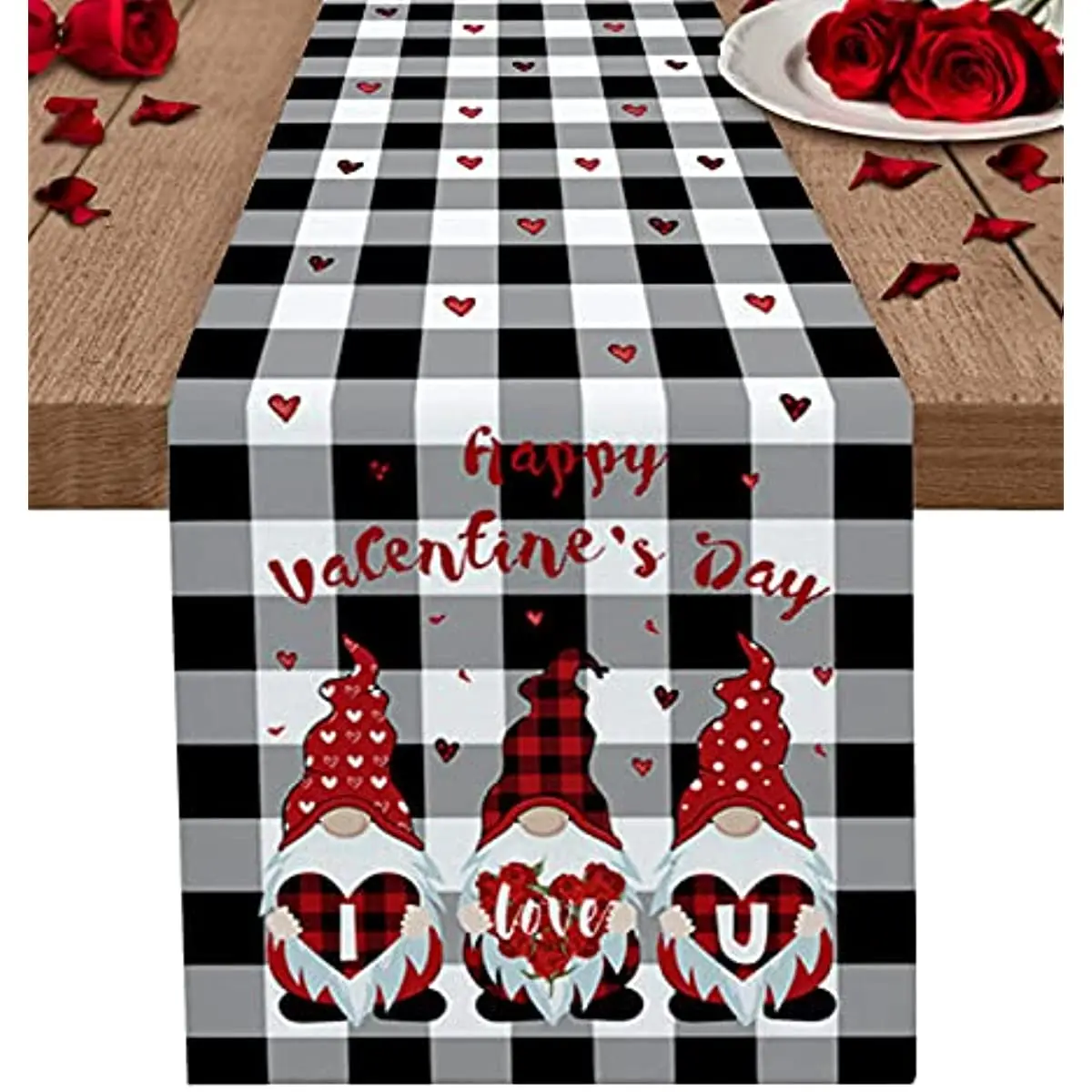 

Valentine's Day Linen Table Runner Wedding Decoration Cute Dwarf Buffalo Plaid I Love U Dining Table Runner Holiday Party Decor