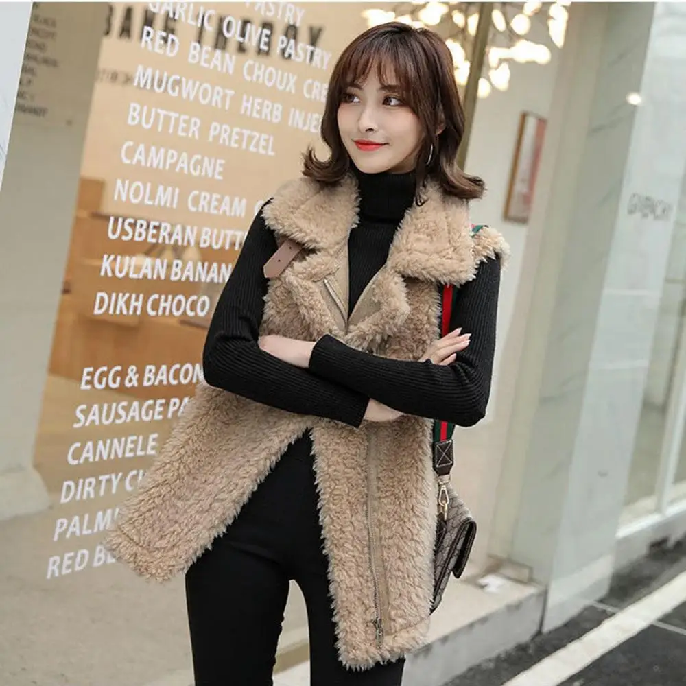 Winter Autumn Thick Lmitation 2024 Lamb Wool Vest Jackets Women Solid Warm Loose Zip Pockets Outwear Coat Gilet Femme Oversized