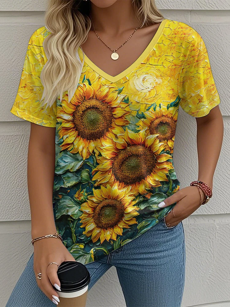 

Flower Women's V-neck T-shirt Summer Outdoor Casual Short Sleeve Tops Fashion 3D Printing Trendy OverSize Women's Clothing