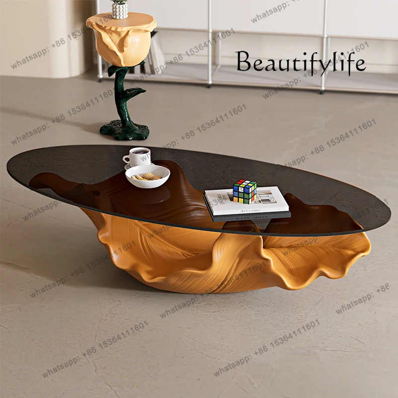 

Golden leaf coffee table living room high-end tempered glass new light luxury home creative designer