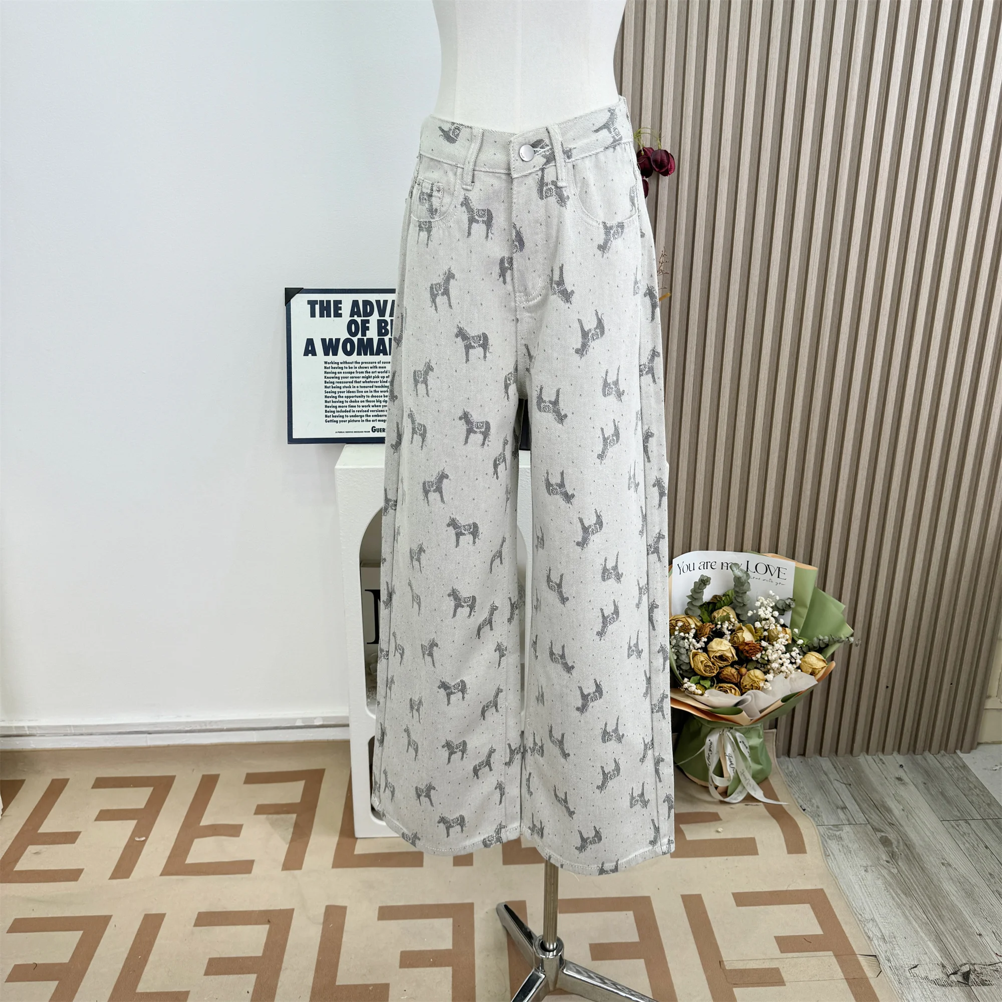 Women's Spring Summer Comfortable Horse Pattern Wide Leg Jeans Lady High Waist Loose Straight Long Jeans
