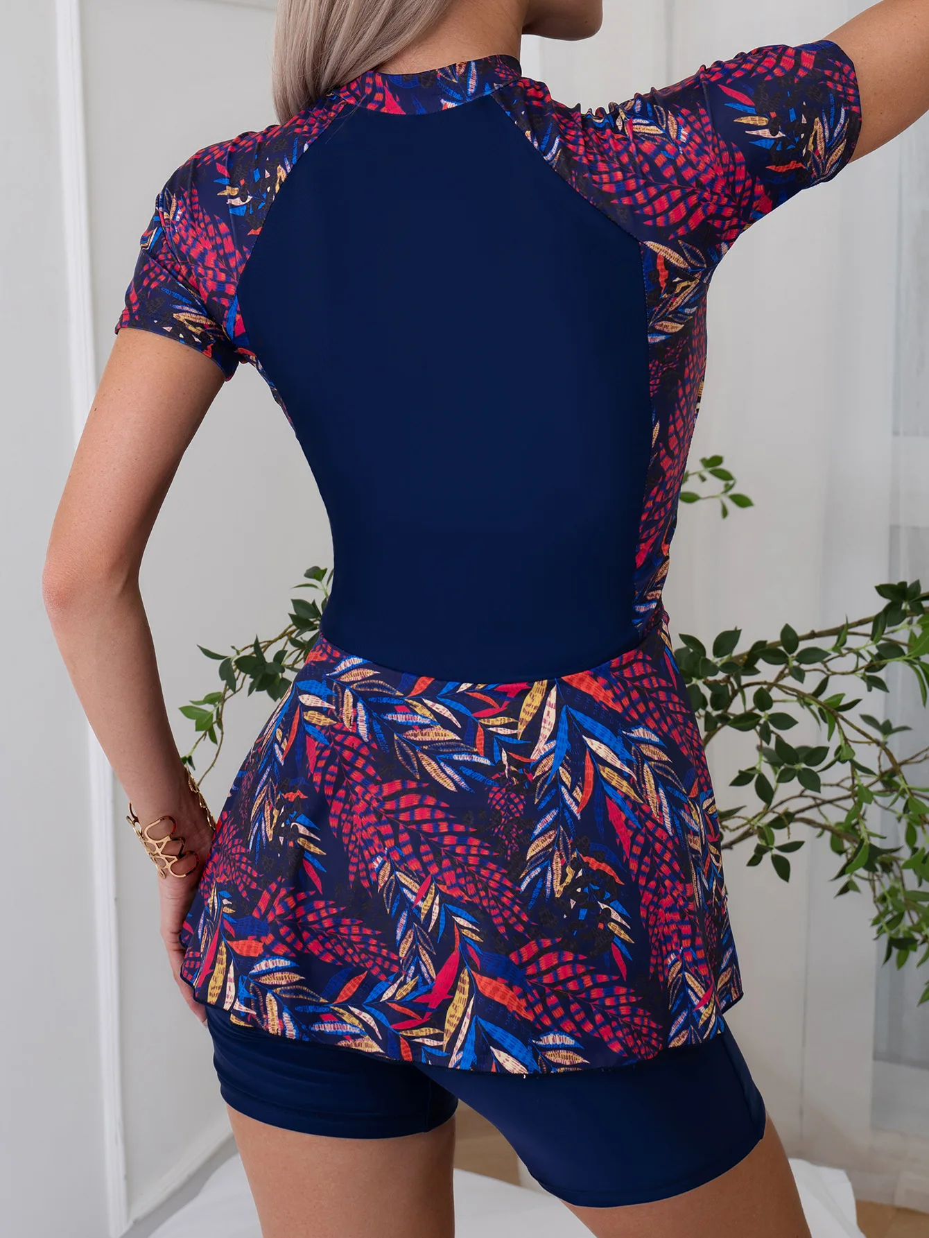 반팔 슬리밍 탱키니 세트 프린트가 있는 하이웨이스트 수영복 배를 커버하는 투피스 반바지 수영복 여름 스포츠 수영복