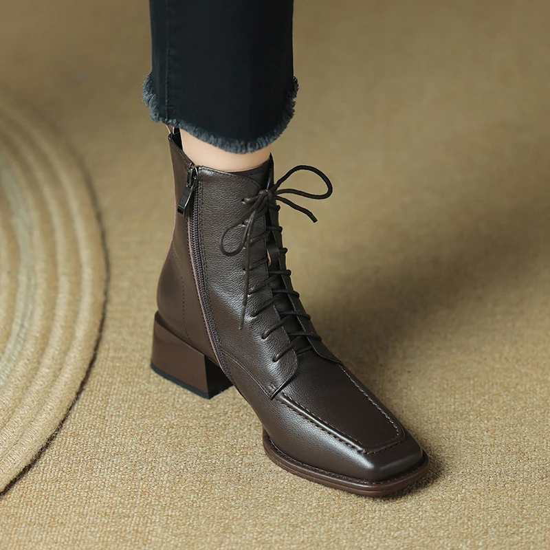 2023 Autumn New Genuine Leather Women Boots Retro Women Shoes Square Toe Chunky Heel Solid Chelsea Boots Winter Female Boots