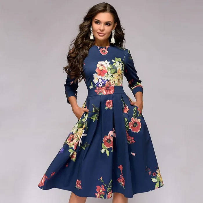 Autumn Winter Small Floral Women\'s Dress Party Retro Three-quarter Sleeve Round Neck Zipper A-line Dress