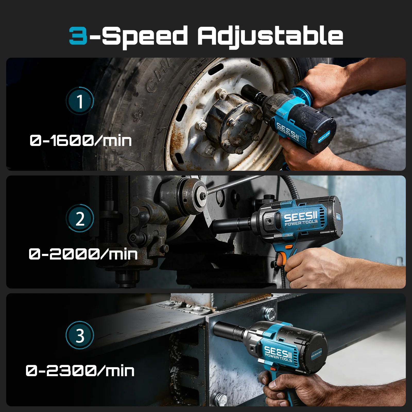 SEESII WH12 Ultra Pro 1200Nm Cordless Impact Wrench with Handle 1/2
