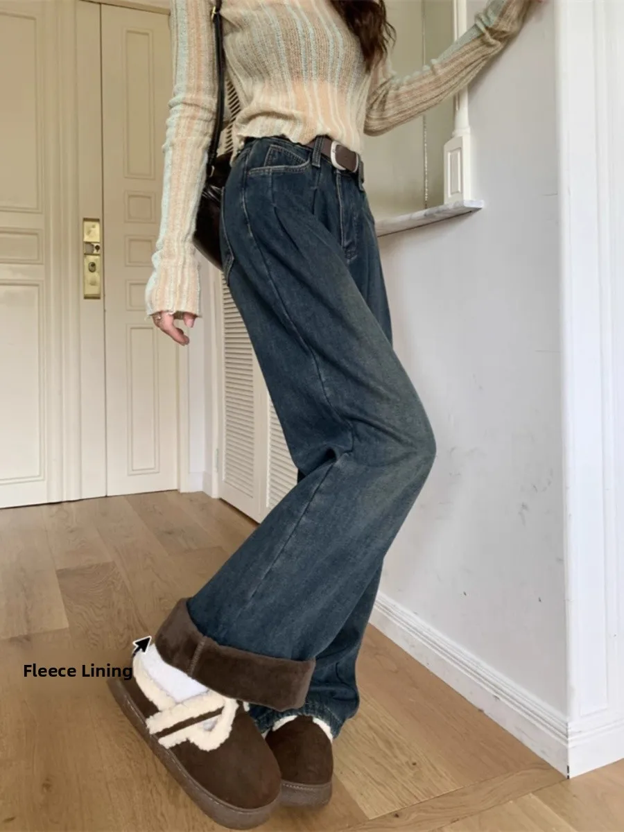 

plus Size Women's Fleece Lined Thick Denim Jeans Autumn Winter High Waist Straight Leg Floor Length Trousers Fashionable