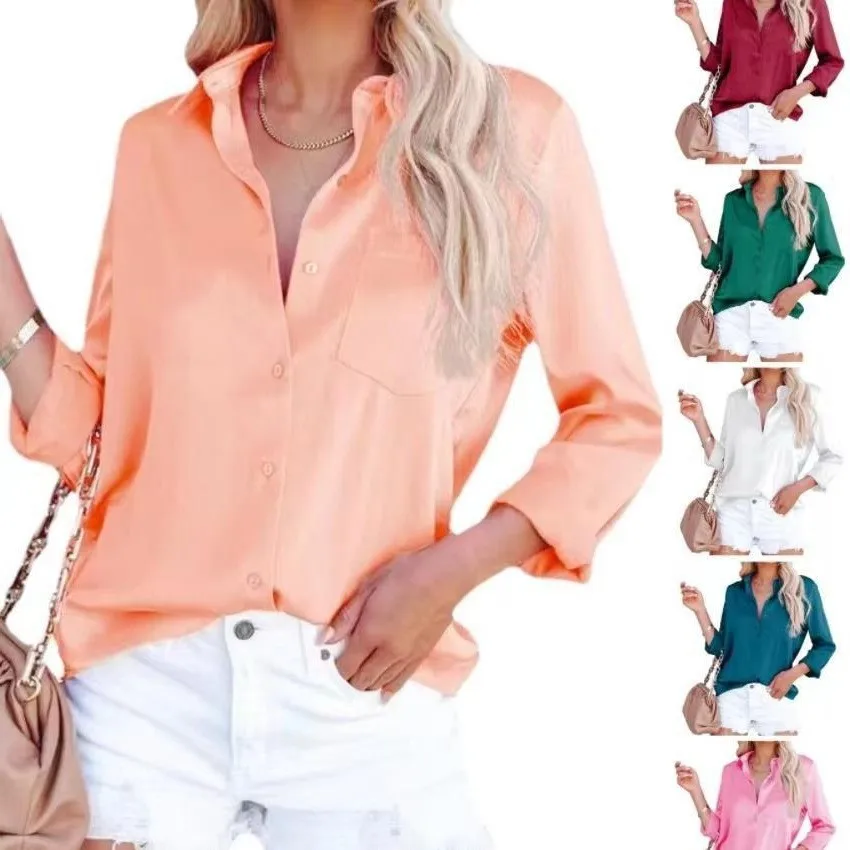 Blusa de Satén para Mujer, Cuello en V, Manga Larga, Color Coral, con Botones, Camisa con Bolsillo en el Pecho, Color Verde Esmeralda