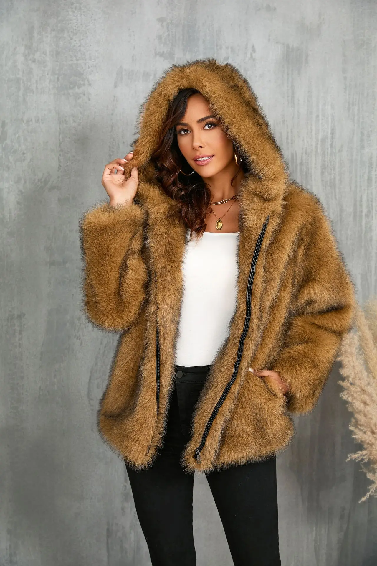 Autumn and Winter Warm and Windproof Hooded Short Furry Loose Coat Fashionable Street Casual Imitation Fur Coat