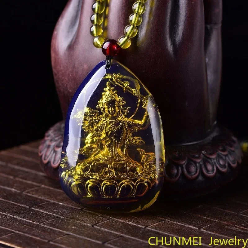 Dominica Blue Amber Buddhism Guanyin pendant Hand grinding carved peace Buddhism pendants jewelry making Simple Sweater