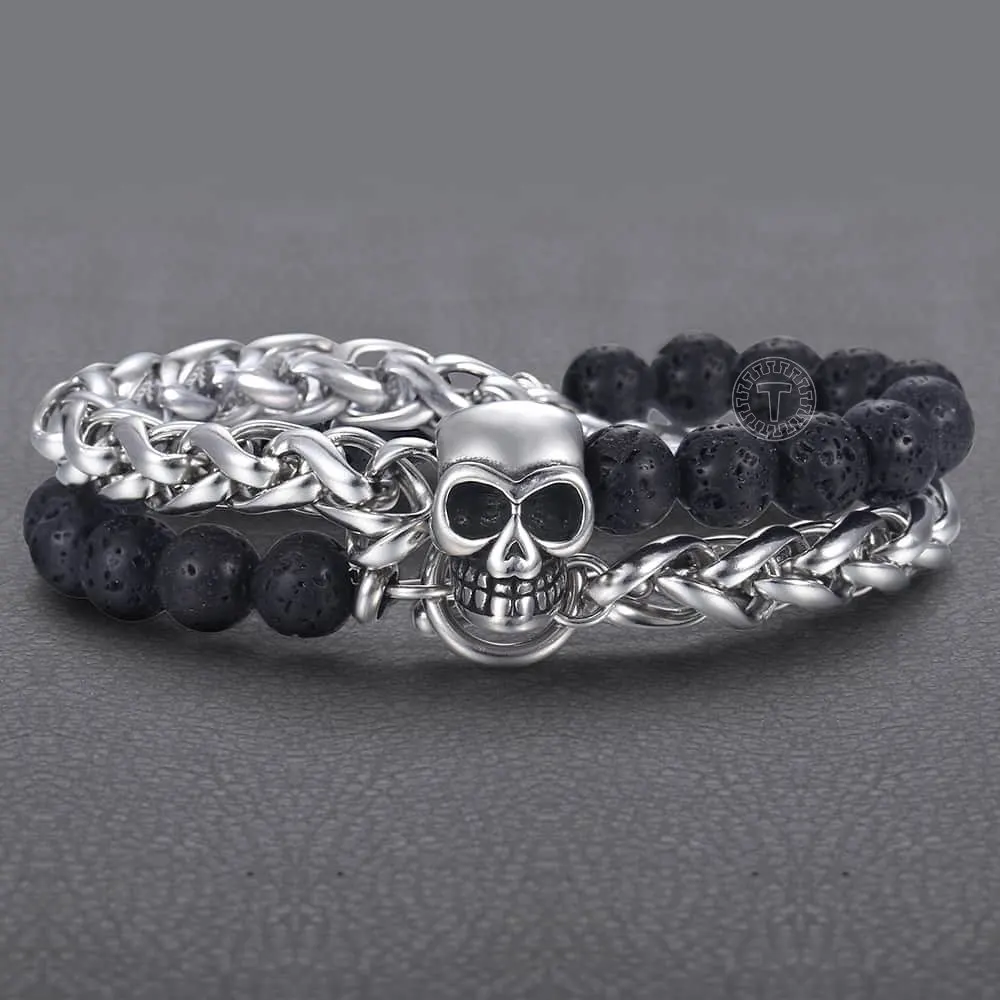 

8mm Mens Womens Bracelet Stainless Steel Wheat Link Double Layered Wristband Black Lava Beaded Bracelet OT Buckle DDB183A