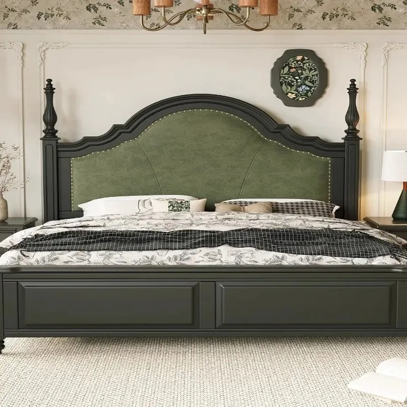 

Black French retro green flannel solid wood 2 meters retro double American simple master bedroom home storage bed