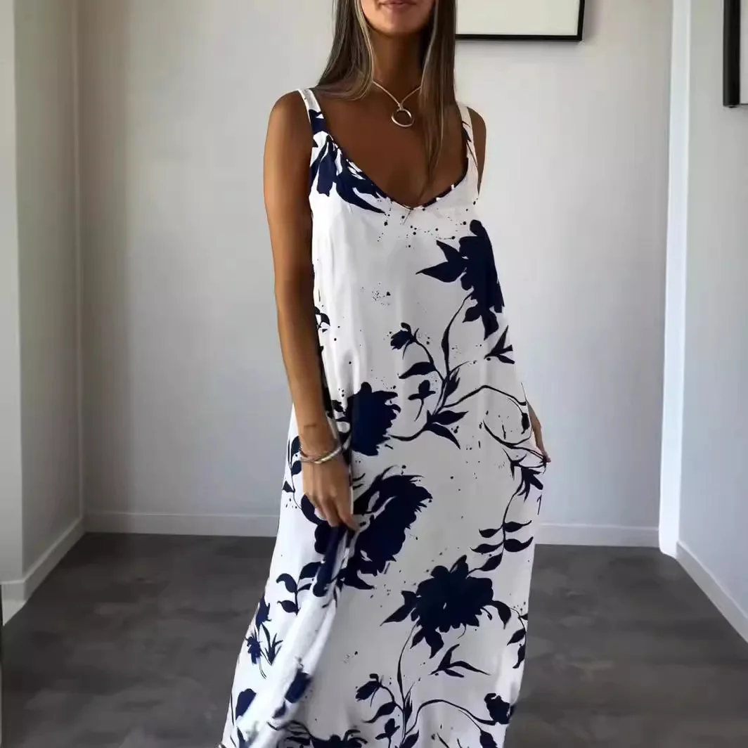 Women Floral Print V Neck Maxi Dress Loose Summer Beach Vacation Oversized Spaghetti Long Dresses  Backless Sleeveless Vestidos