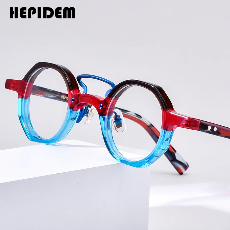 hepidem-アセテート眼鏡フレーム女性ヴィンテージラウンドメガネ男性日本製手作り眼鏡レトロ透明眼鏡-9244