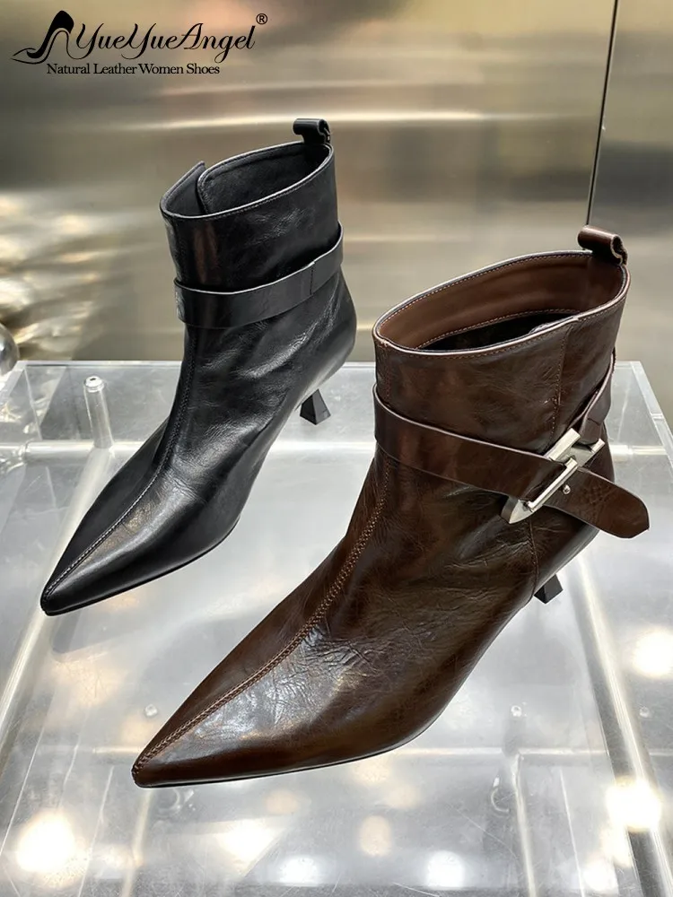 Elegant Women Autumn Pointed Toe High Heels Ankle Boots Buckle Design Cowhide Genuine Leather Work Shoes Vintage High Top Boots
