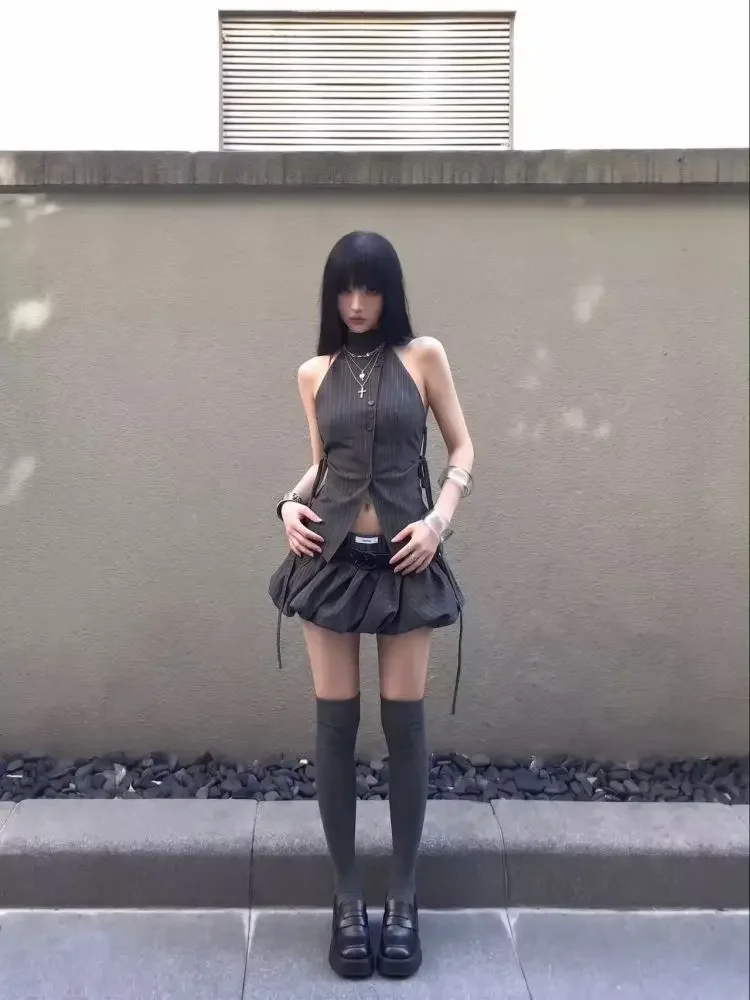 IMU Korean Fashion Sexy Coquette Pinstripe Halter Top Waist Cinched Bubble Mini Skirts 2 Piece Set Women Daily Streetwear Outfit