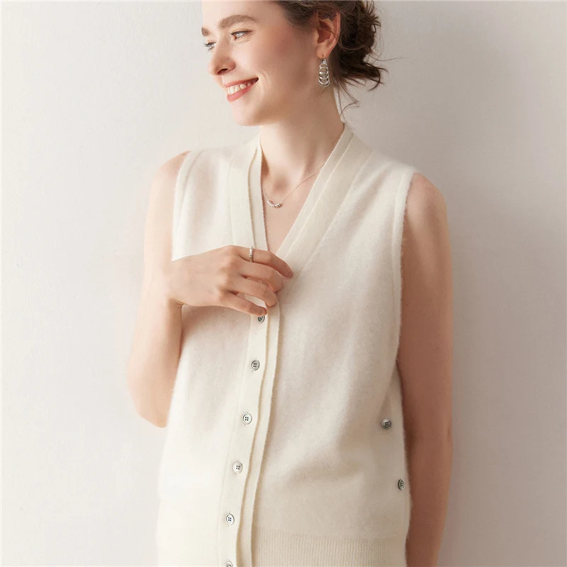 เสื้อกั๊กไหมแคชเมียร์ผู้หญิง ดีไซน์เก๋ 100% แคชเมียร์ ถักนิตติ้ง สำหรับฤดูใบไม้ร่วงและฤดูหนาว แบบไม่มีแขน คอวี เหมาะสำหรับสาวออฟฟิศ
