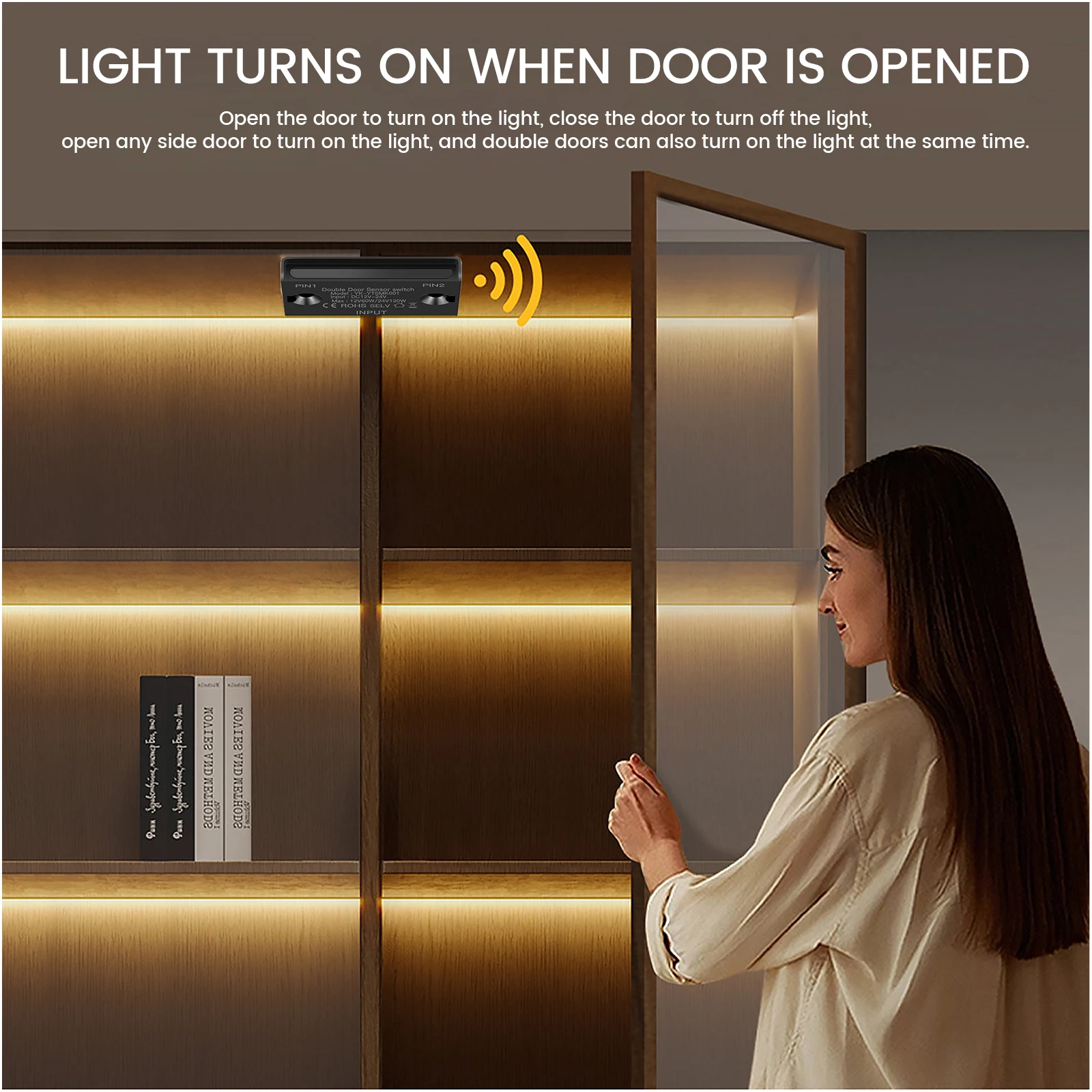 Under Cabinet Light Double Door Sensor Switch Control 24V 8MM COB LED Strip White Natural Warm Home Backlight Night Light 1-6PCS