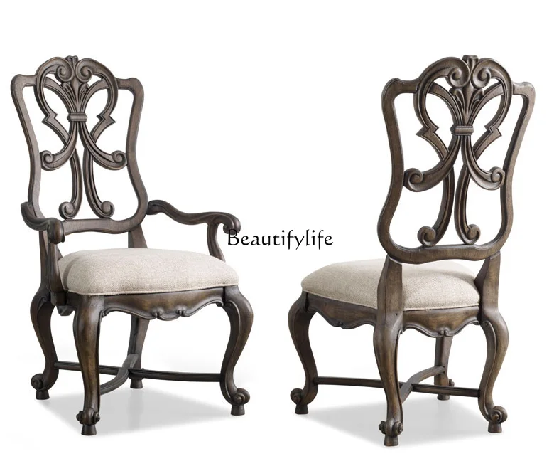

American retro pastoral solid wood carving flower dining chair European simple restaurant armrest chair