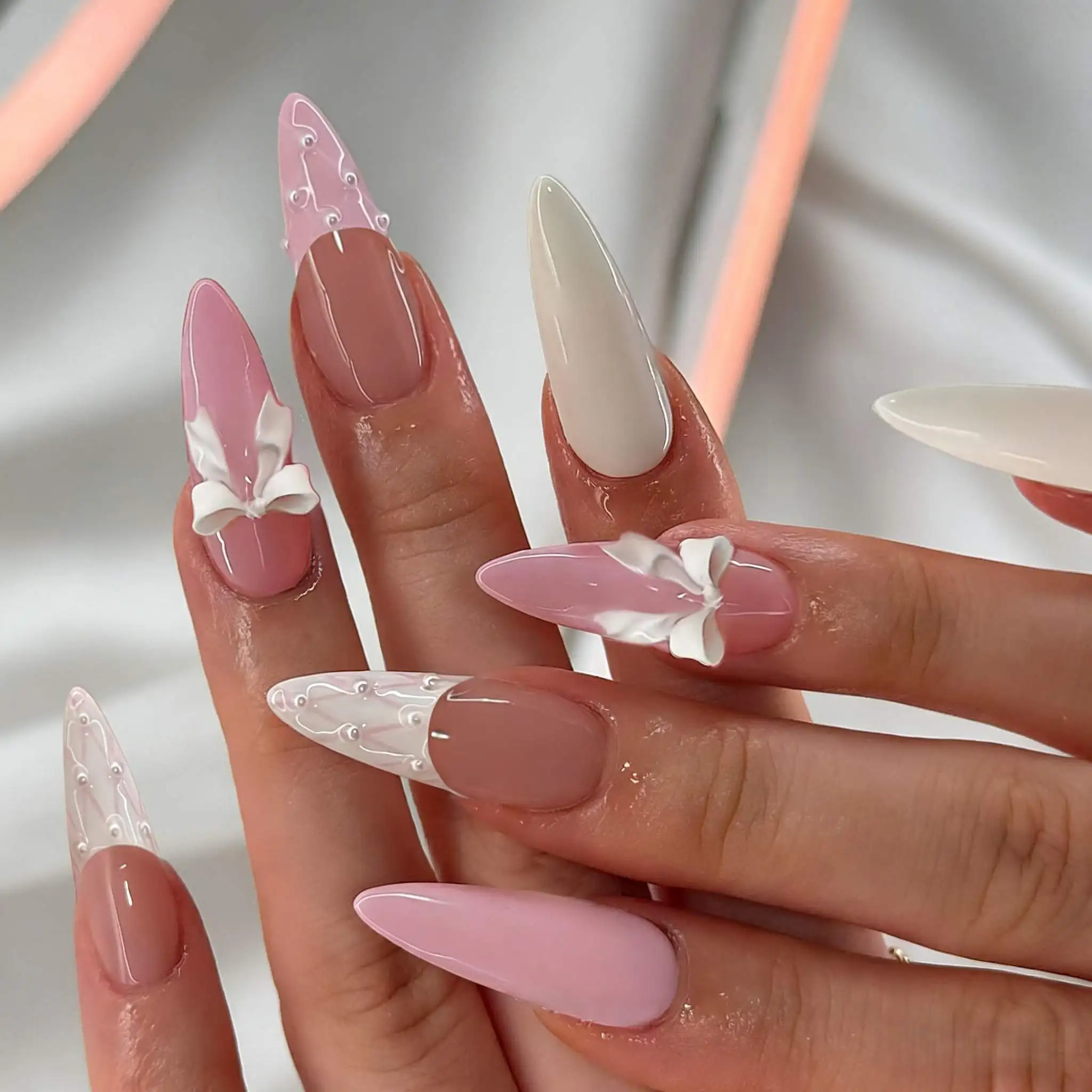 

24pcs Strawberry Milk Cap Fake Nails French Pearl Bow Press on Nail Long Almond False Nail for Women&Girl Removable Acrylic Nail