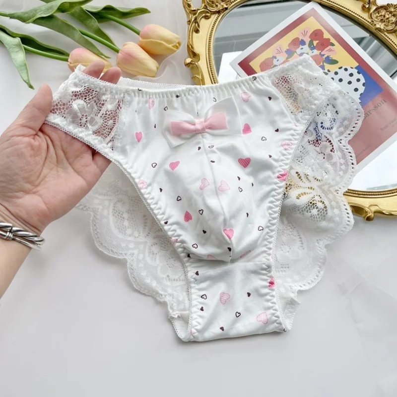 Men's Lace Hem Bowtie Briefs Flower Emroid Sweet Panties LGBQ Group Special Panties Run Tours Students FKK Party Live Show Dance