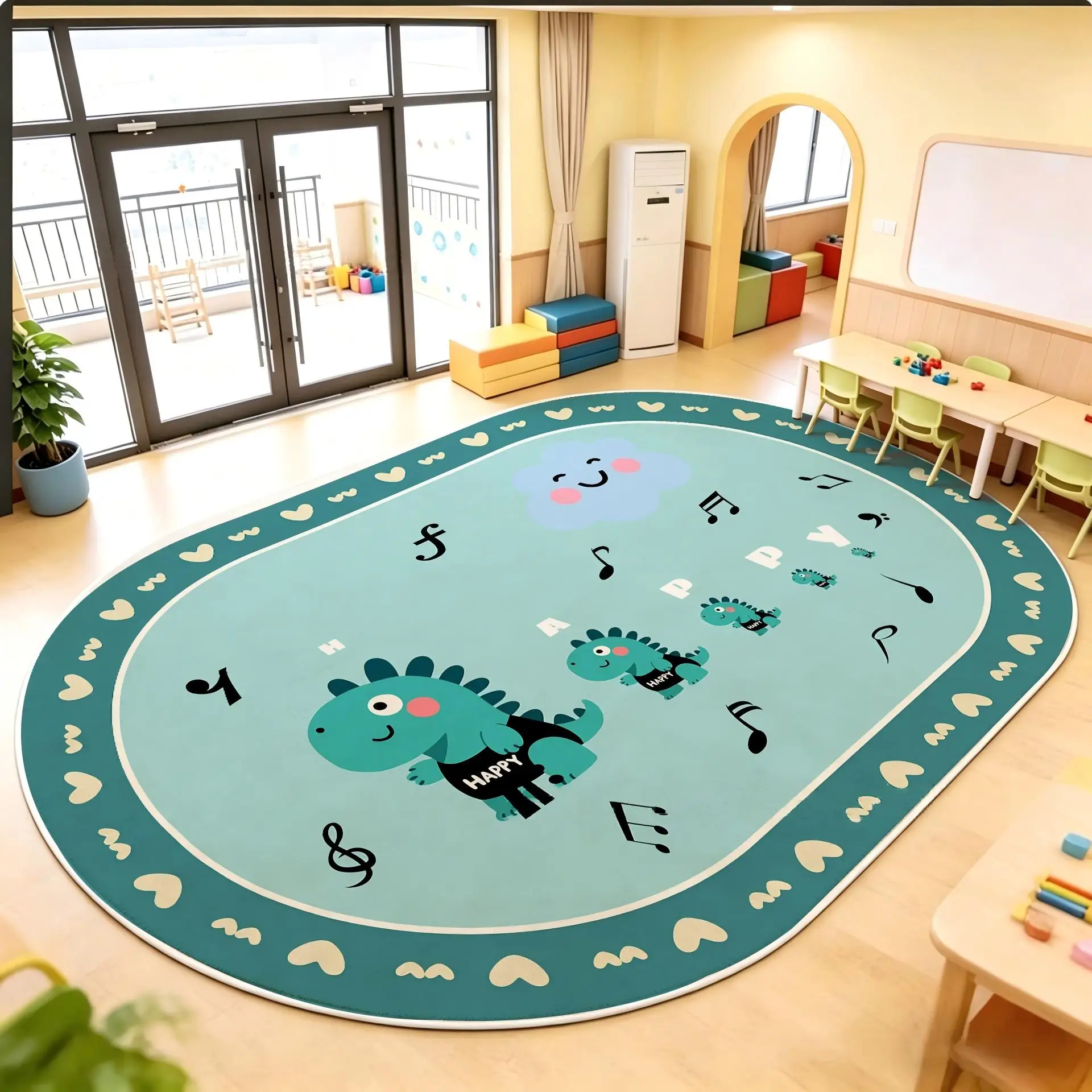 VIKAMA Green Dinosaur Kids Play Mat, Music Notes Treble Clef Happy Dino Rug, Non Slip Washable Crystal Velvet Rug for Classroom
