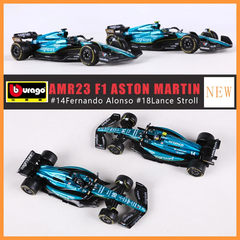 Bburago 1:43  Aramco F1 Team AMR23 2023 #14 Alonso #18 Stroll Alloy Car Die Cast Model Toy Collectible