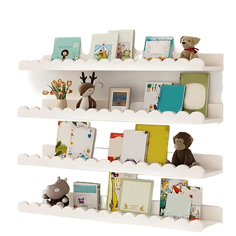 أرفف ديكور حائط للأطفال (4 قطع)، رف كتب حضانة عائم أبيض مقاس 15.6 بوصة، تصميم رف كتب صدفي