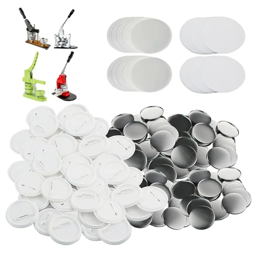 

Запчасти для машинок для изготовления значков: заготовки для круглых значков с металлическим и пластиковым основанием, а также прозрачные вставки.